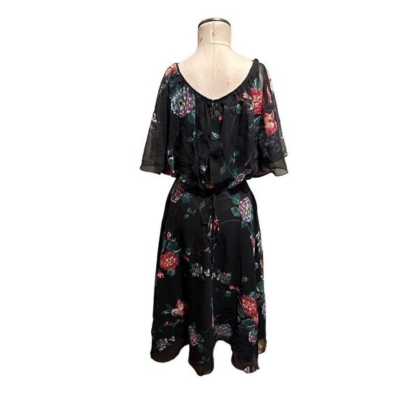 Vintage Blouson Style Black Semi Sheer Layered Floral Dress Rhinestone Size M - Picture 5 of 16